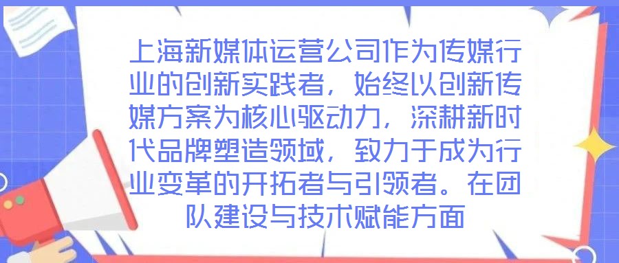 上海新媒體運(yùn)營公司作為傳媒行業(yè)的創(chuàng)新實(shí)踐者，始終以創(chuàng)新傳媒方案為核心驅(qū)動(dòng)力，深耕新時(shí)代品牌塑造領(lǐng)域，致力于成為行業(yè)變革的開拓者與引領(lǐng)者。在團(tuán)隊(duì)建設(shè)與技術(shù)賦能方面