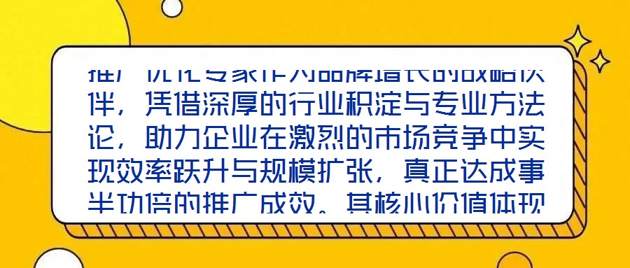 推廣優(yōu)化專家作為品牌增長的戰(zhàn)略伙伴，憑借深厚的行業(yè)積淀與專業(yè)方法論，助力企業(yè)在激烈的市場競爭中實現(xiàn)效率躍升與規(guī)模擴張，真正達成事半功倍的推廣成效。其核心價值體現(xiàn)